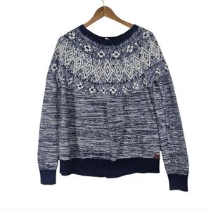 Roxy Cozy Sound Navy Blue Ivory Fair Isle Nordic Fuzzy Pullover Sweater, Size L